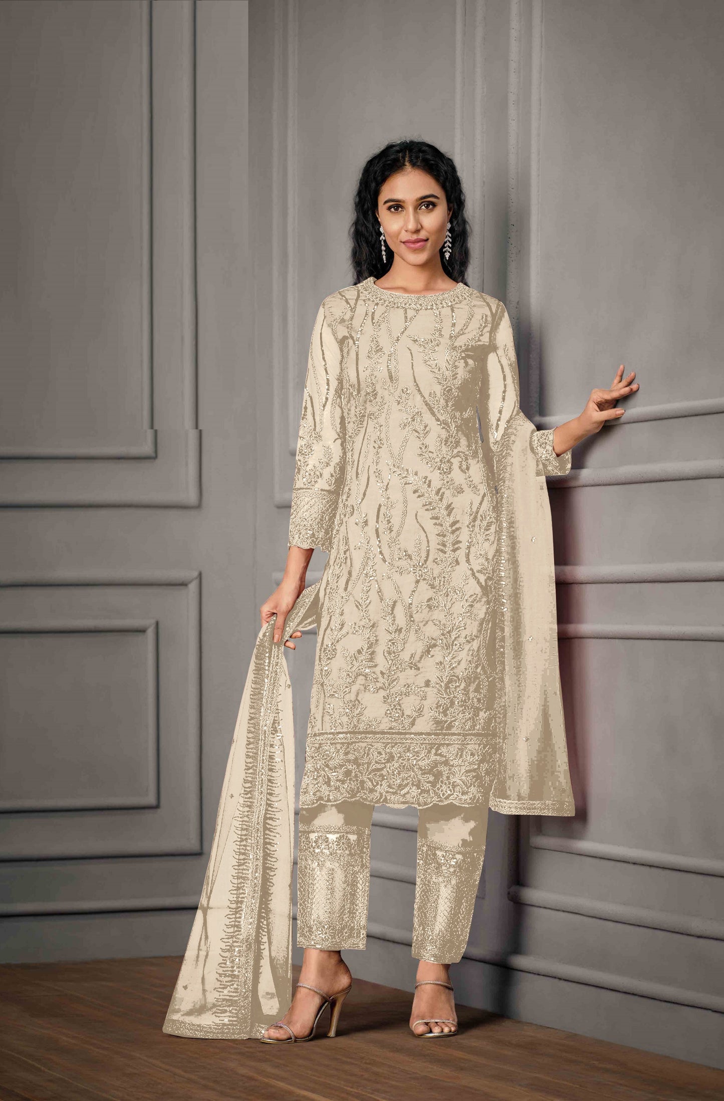 White Color Women Soft Net Embroidery Work Straight Salwar Suit For Woman