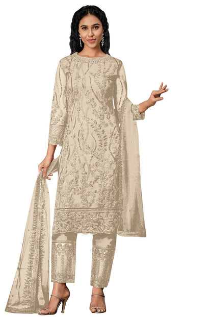 White Color Women Soft Net Embroidery Work Straight Salwar Suit For Woman