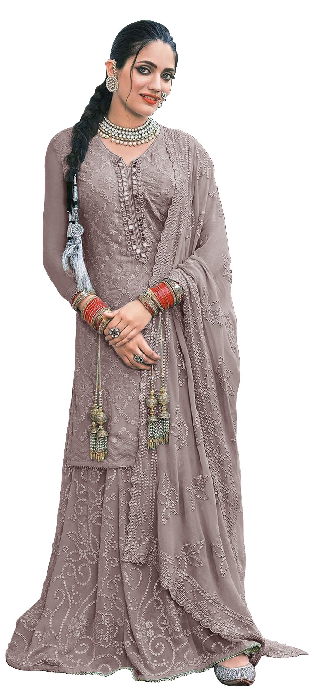 Grey color Faux Georgette Foil Work Heavy Sharara Suit - Joshindia