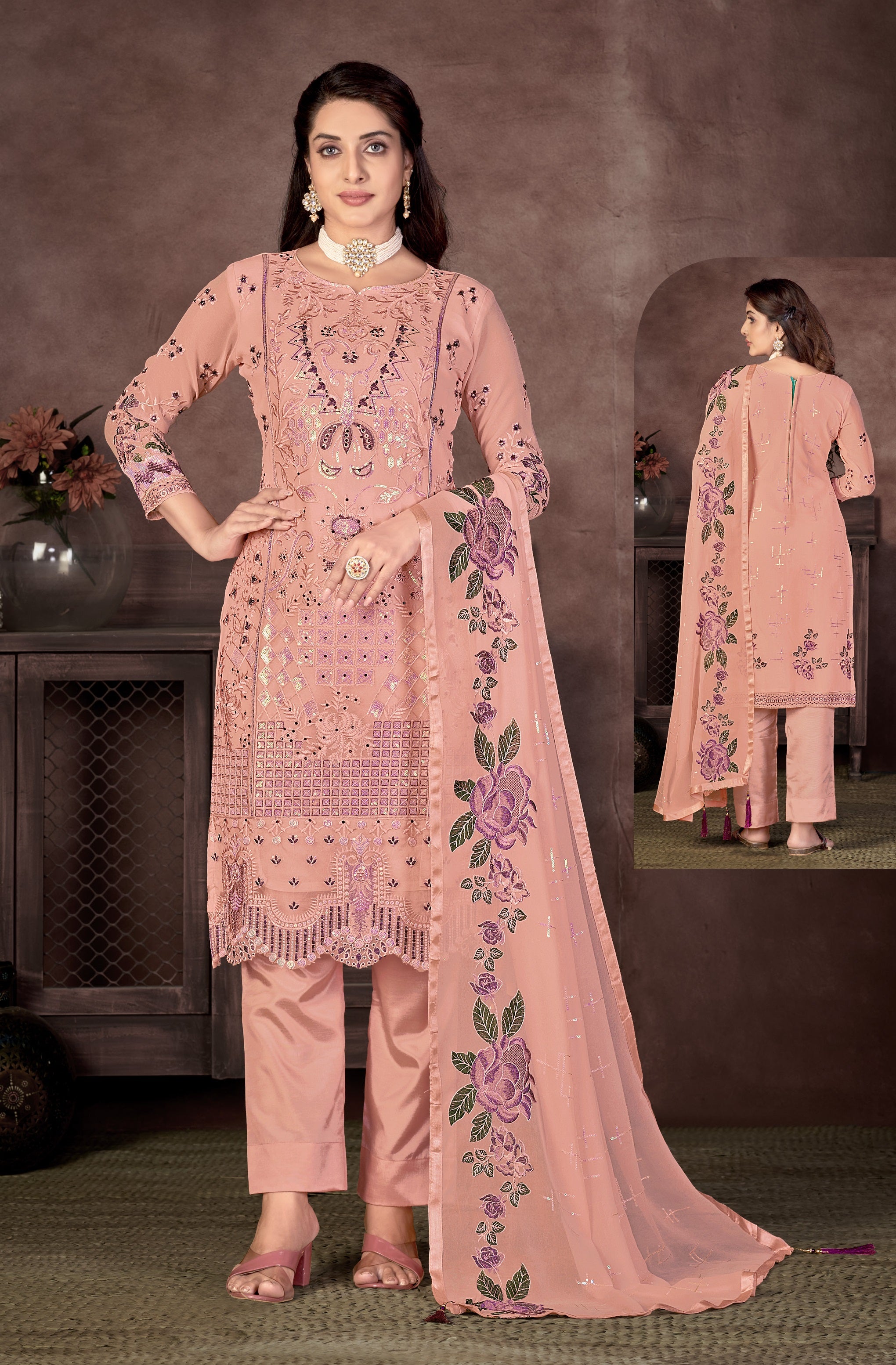 Heavy Butterfly Net With Heavy Embroidery Work Pakistani Suit Peach Color  DN 9110
