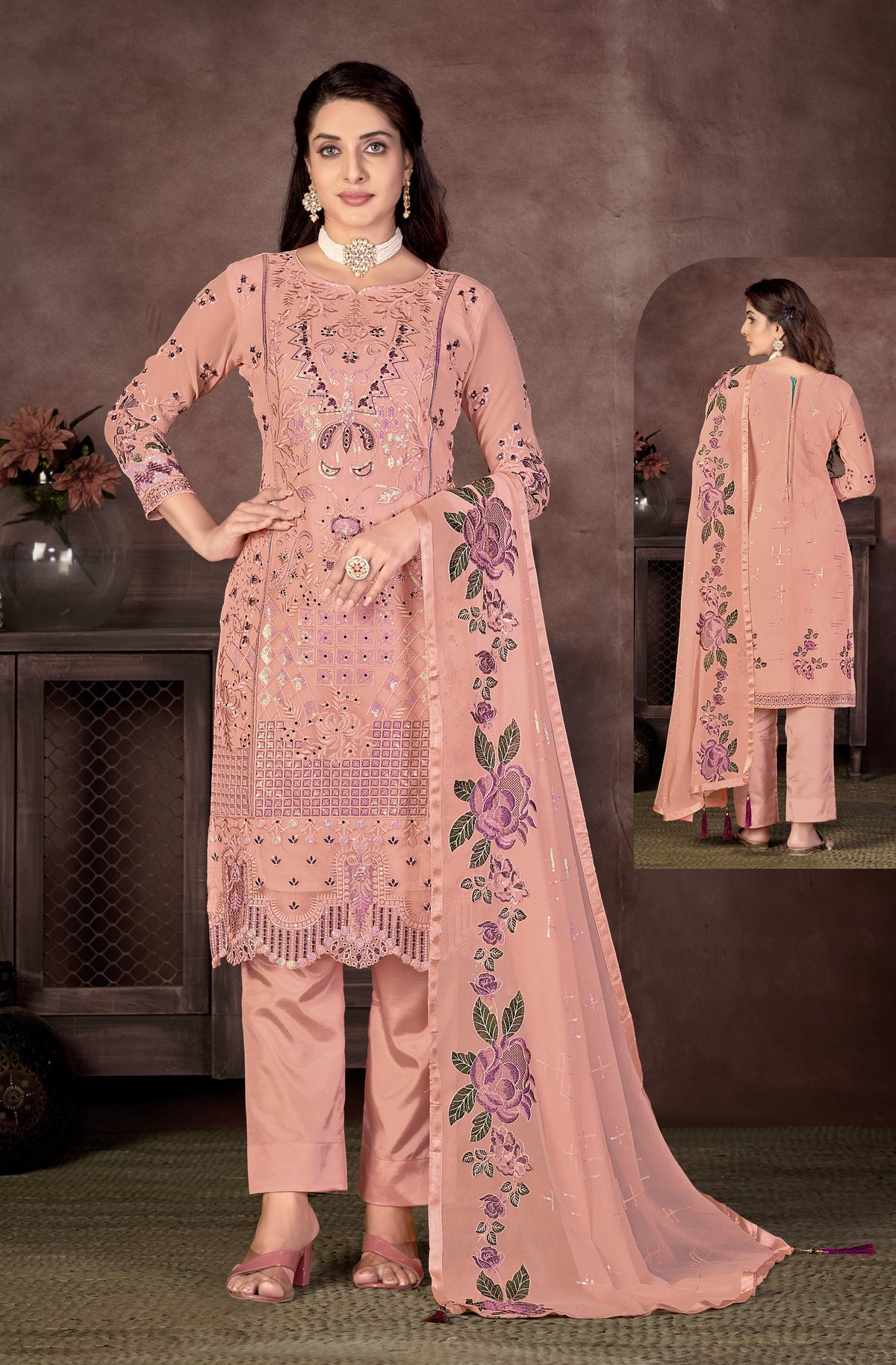 Peach Color Faux Georgette Straight Salwar suit For Woman - Joshindia