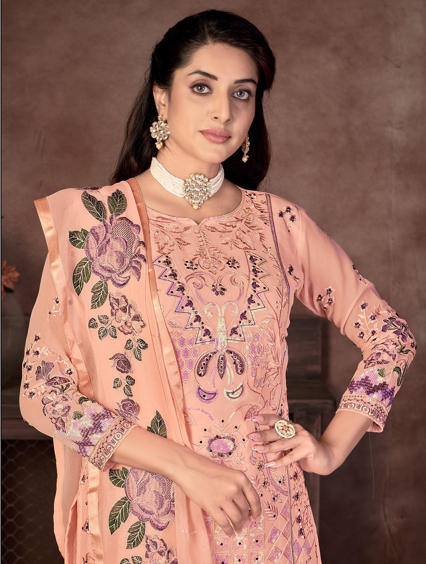 Peach Color Faux Georgette Straight Salwar suit For Woman
