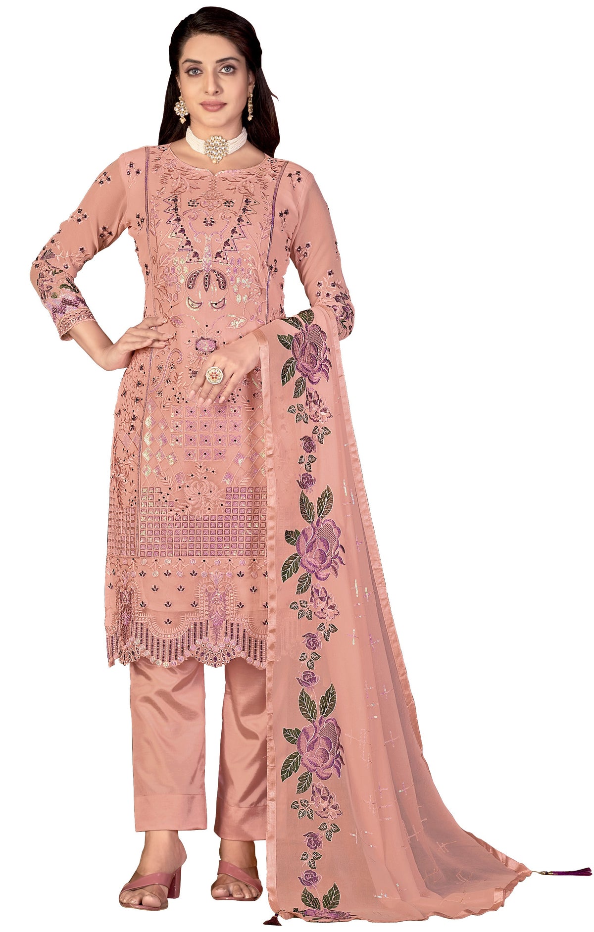 Peach Color Faux Georgette Straight Salwar suit For Woman - Joshindia