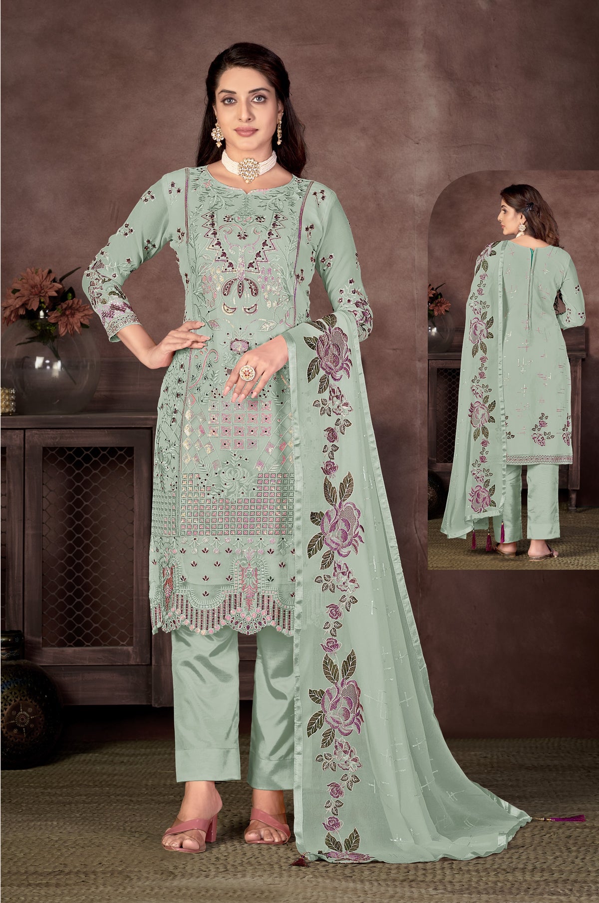 Pista Color Faux Georgette Straight Salwar suit For Woman - Joshindia