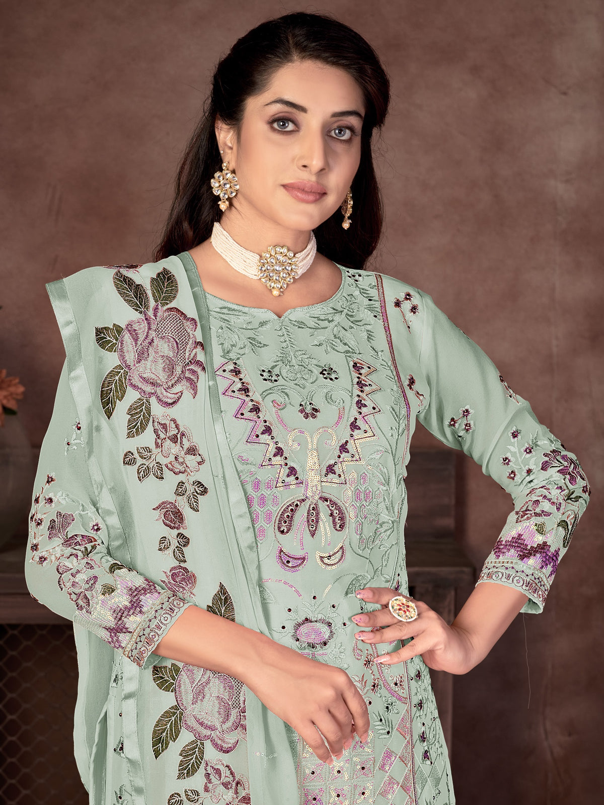 Pista Color Faux Georgette Straight Salwar suit For Woman - Joshindia
