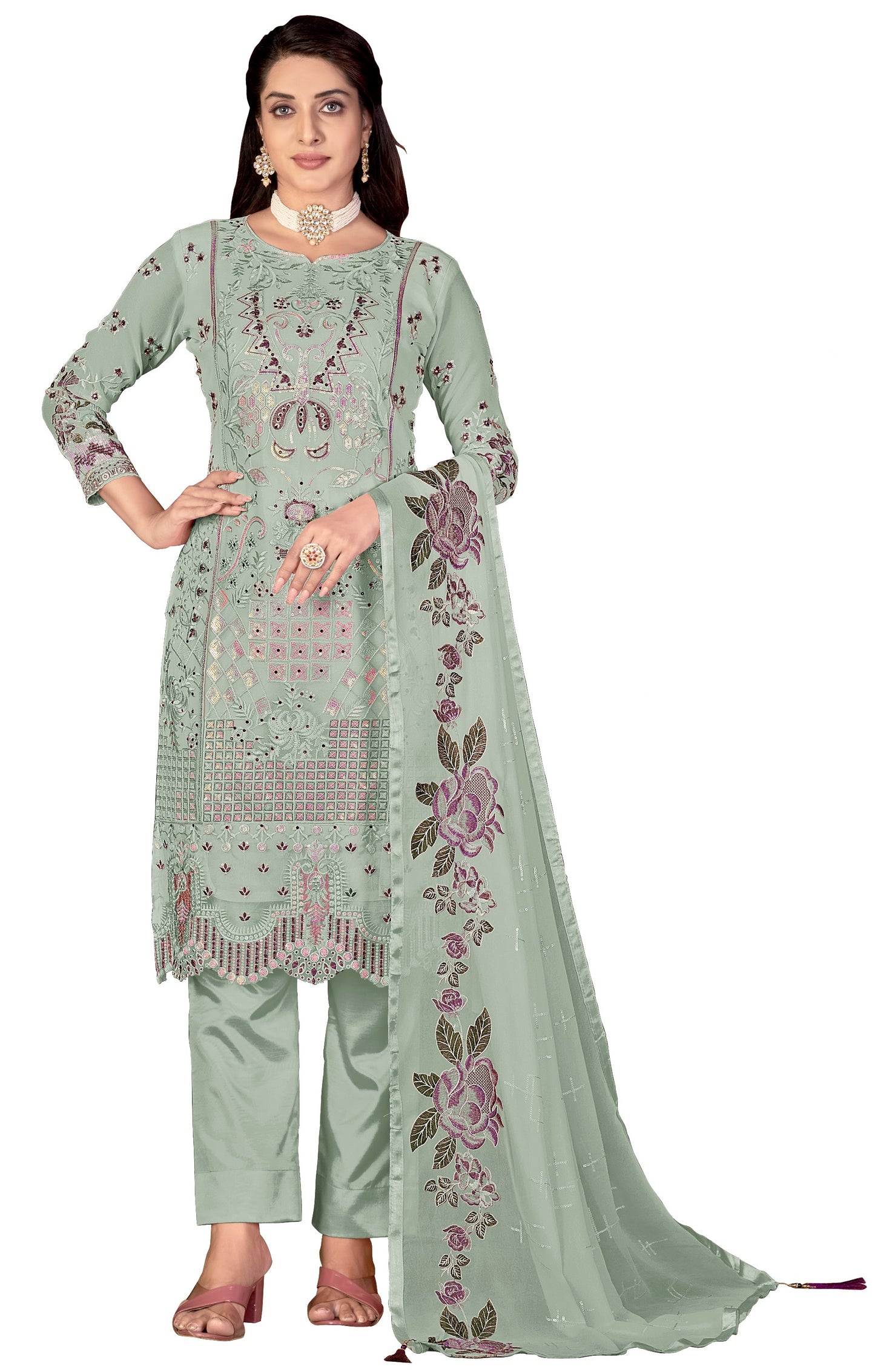 Pista Color Faux Georgette Straight Salwar suit For Woman