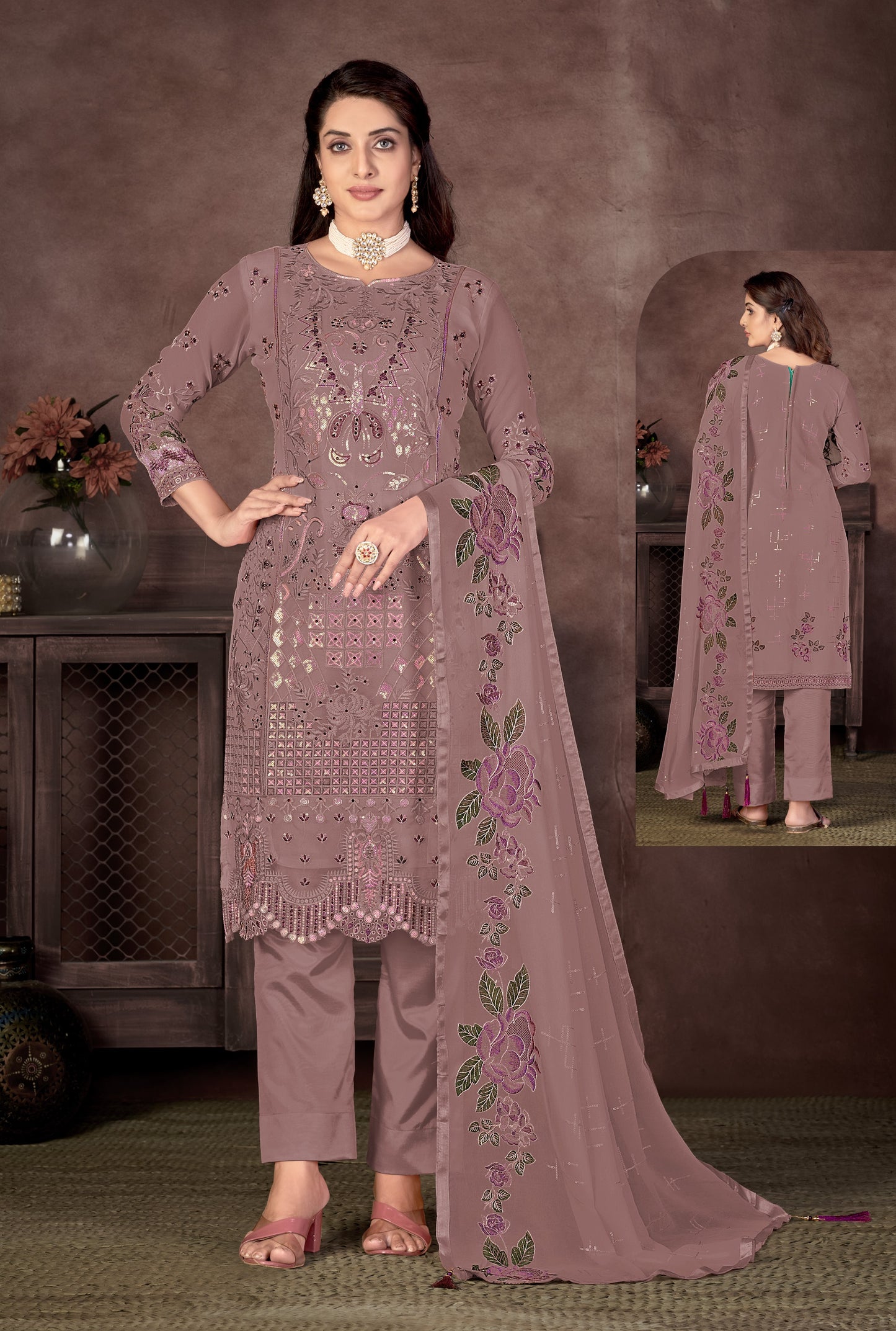 Coffee Color Faux Georgette Straight Salwar suit For Woman