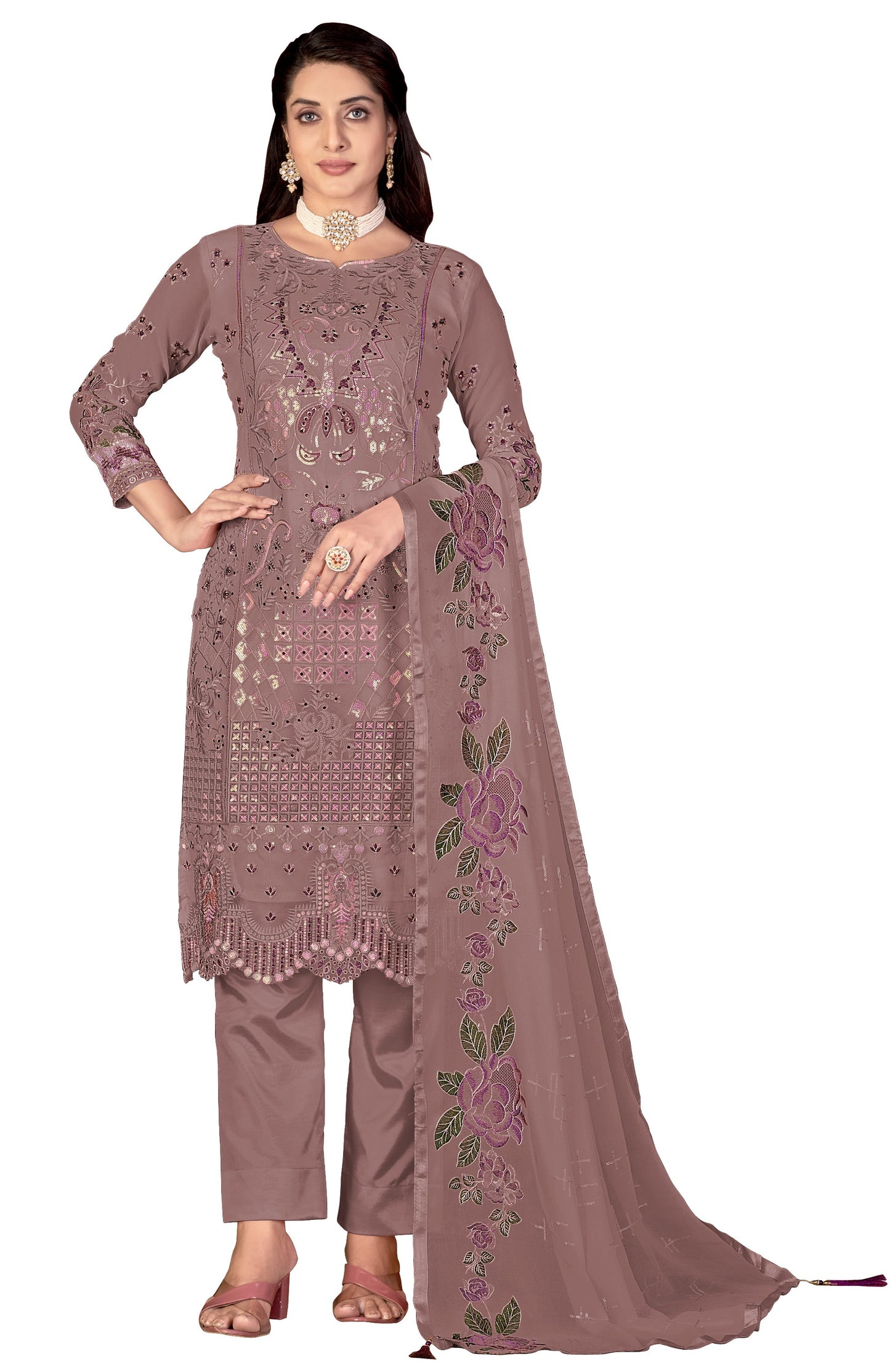 Coffee Color Faux Georgette Straight Salwar suit For Woman