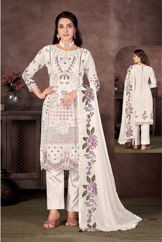 White Color Faux Georgette Straight Salwar suit For Woman