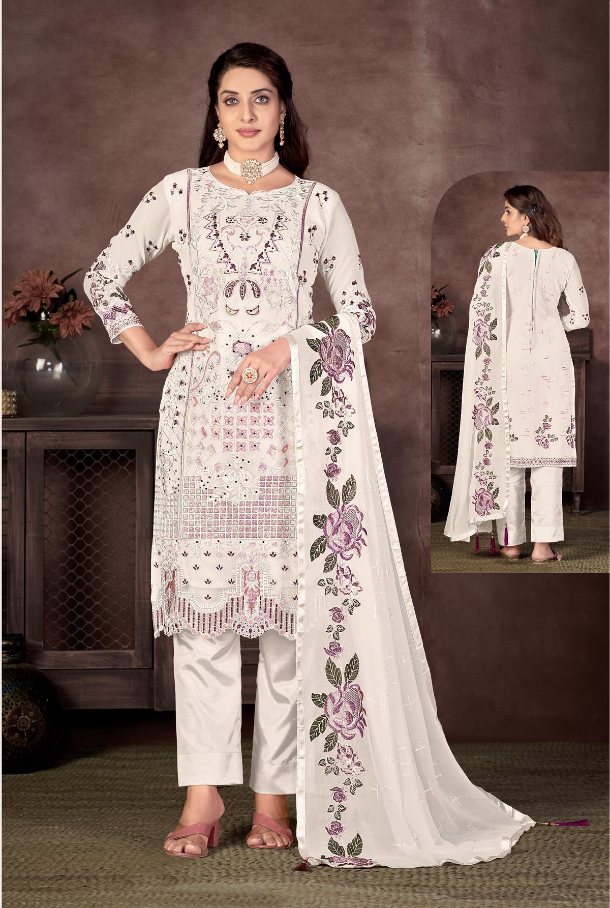 White Color Faux Georgette Straight Salwar suit For Woman - Joshindia