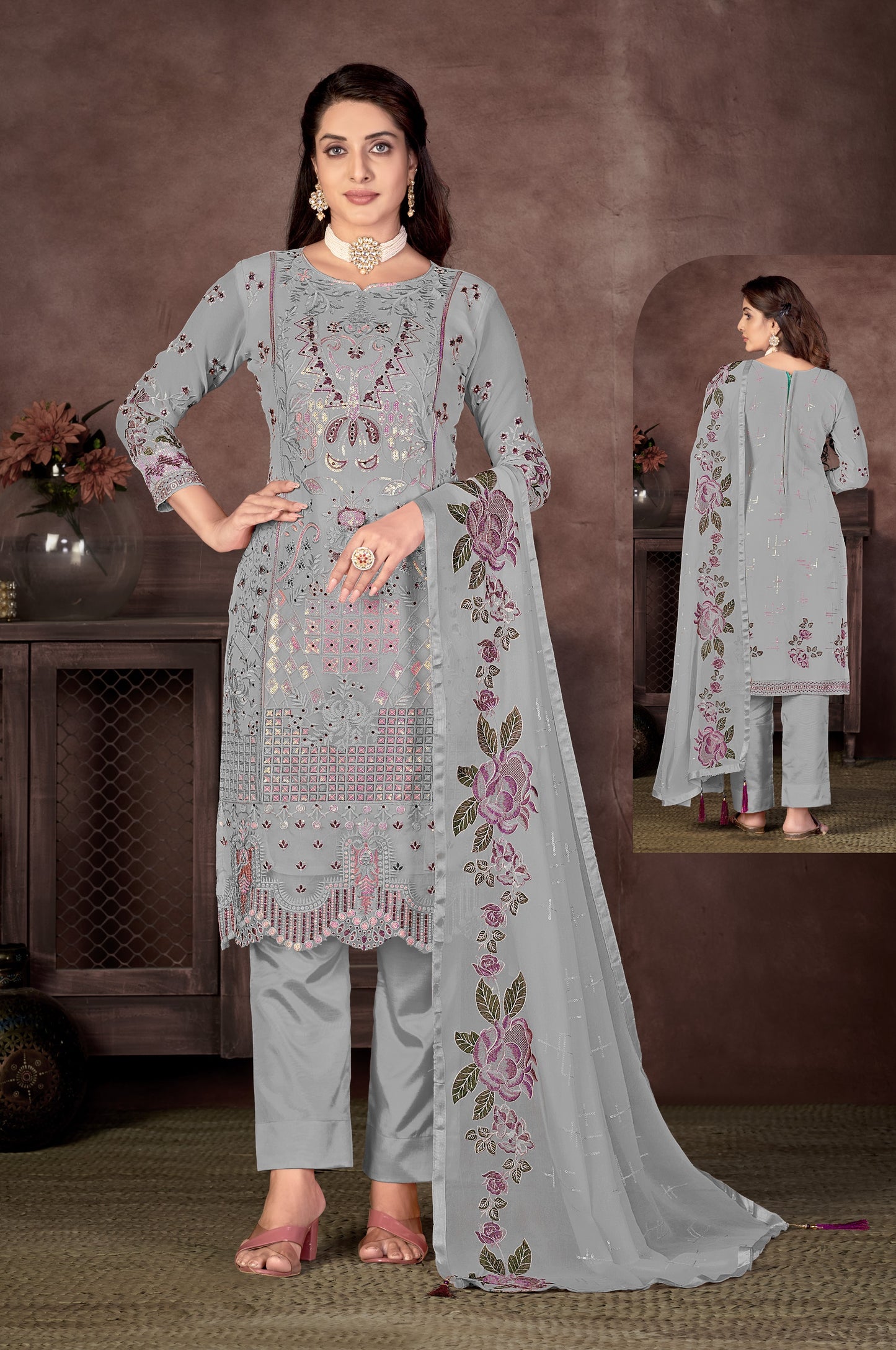 Grey Color Faux Georgette Straight Salwar suit For Woman