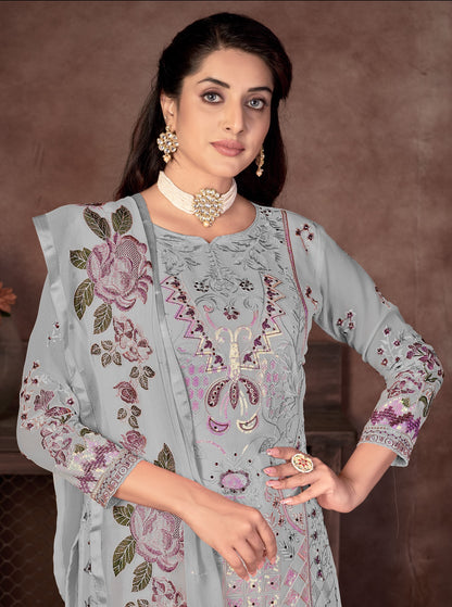 Grey Color Faux Georgette Straight Salwar suit For Woman