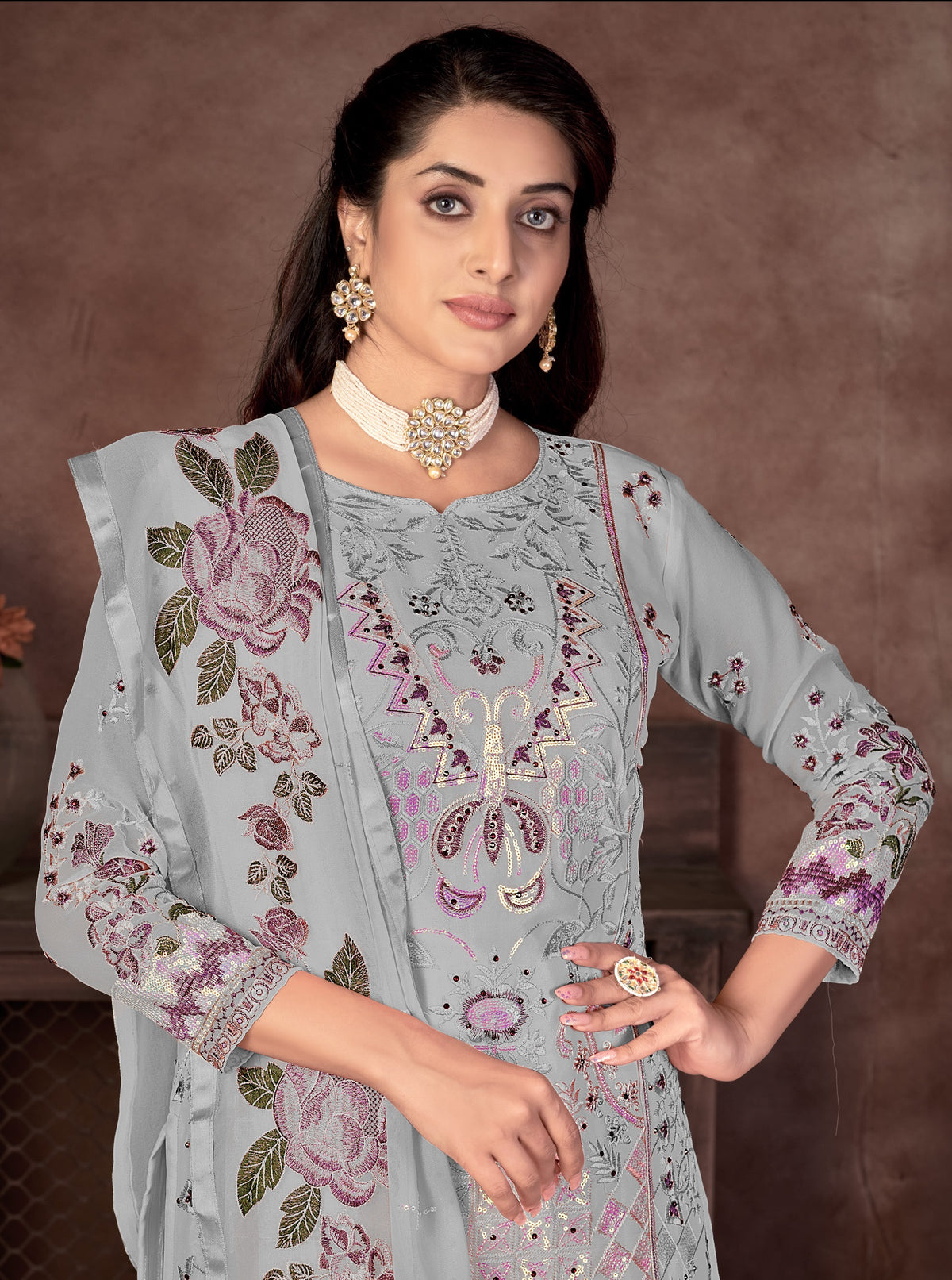 Grey Color Faux Georgette Straight Salwar suit For Woman - Joshindia