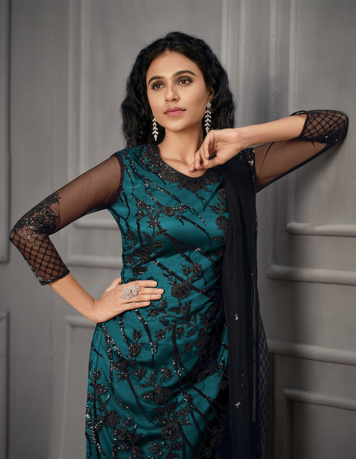 Sea Blue color Women Soft Net Embroidery Work Straight Salwar Suit - Joshindia