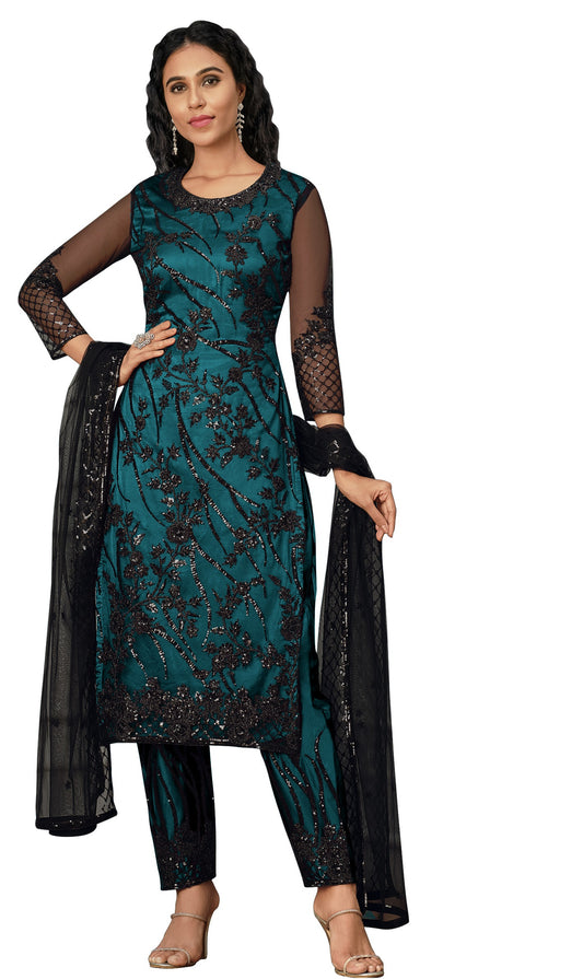 Sea Blue color Women Soft Net Embroidery Work Straight Salwar Suit
