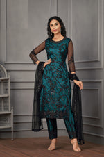 Sea Blue color Women Soft Net Embroidery Work Straight Salwar Suit - Joshindia