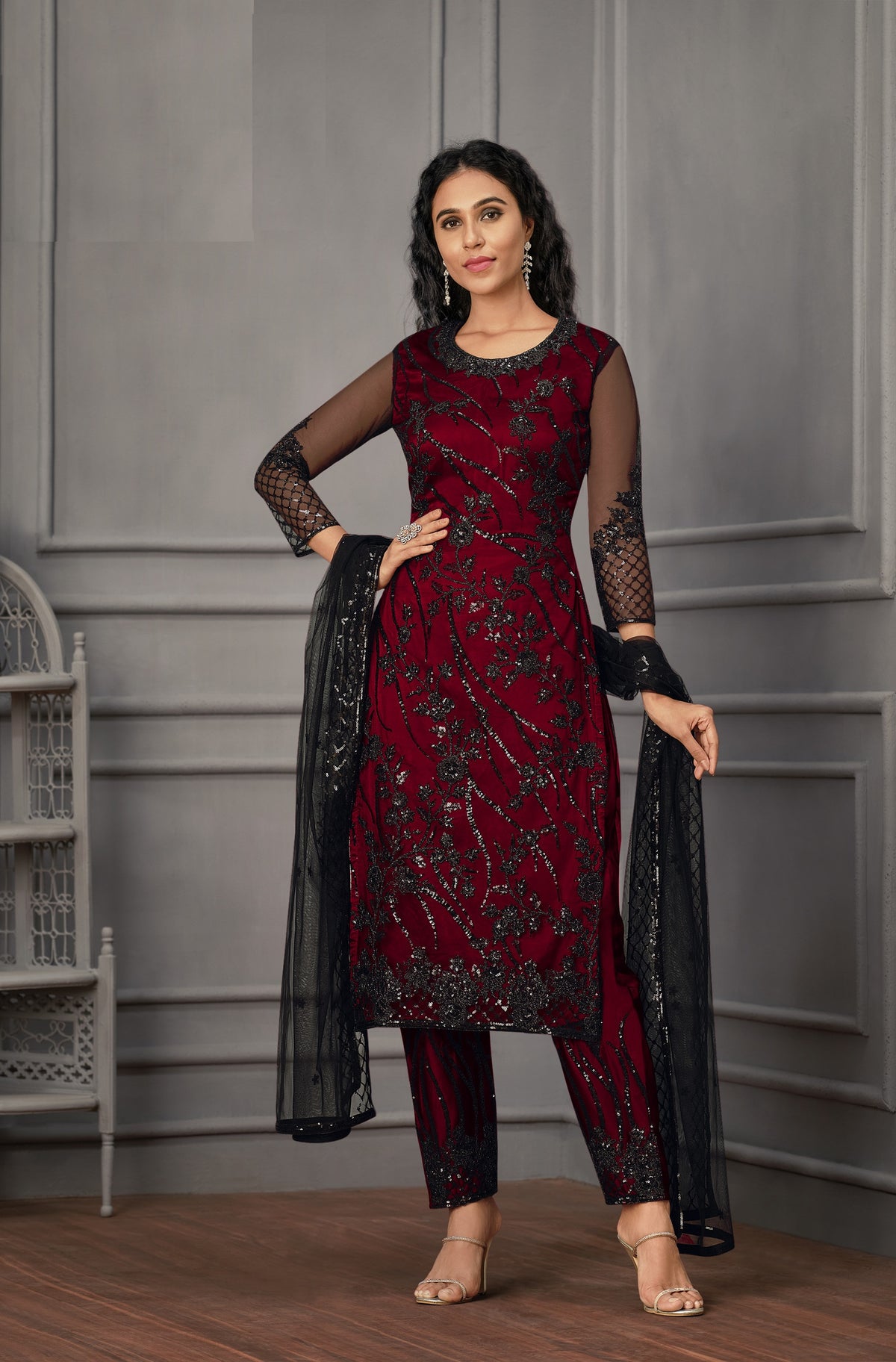 Maroon colorWomen Soft Net Embroidery Work Straight Salwar Suit - Joshindia