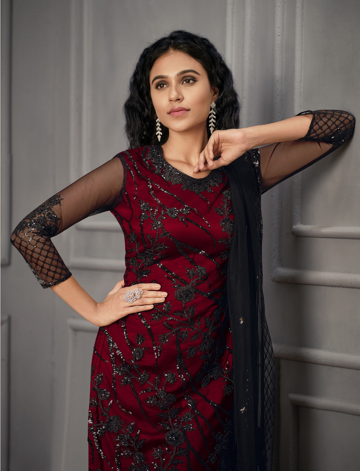 Maroon colorWomen Soft Net Embroidery Work Straight Salwar Suit - Joshindia