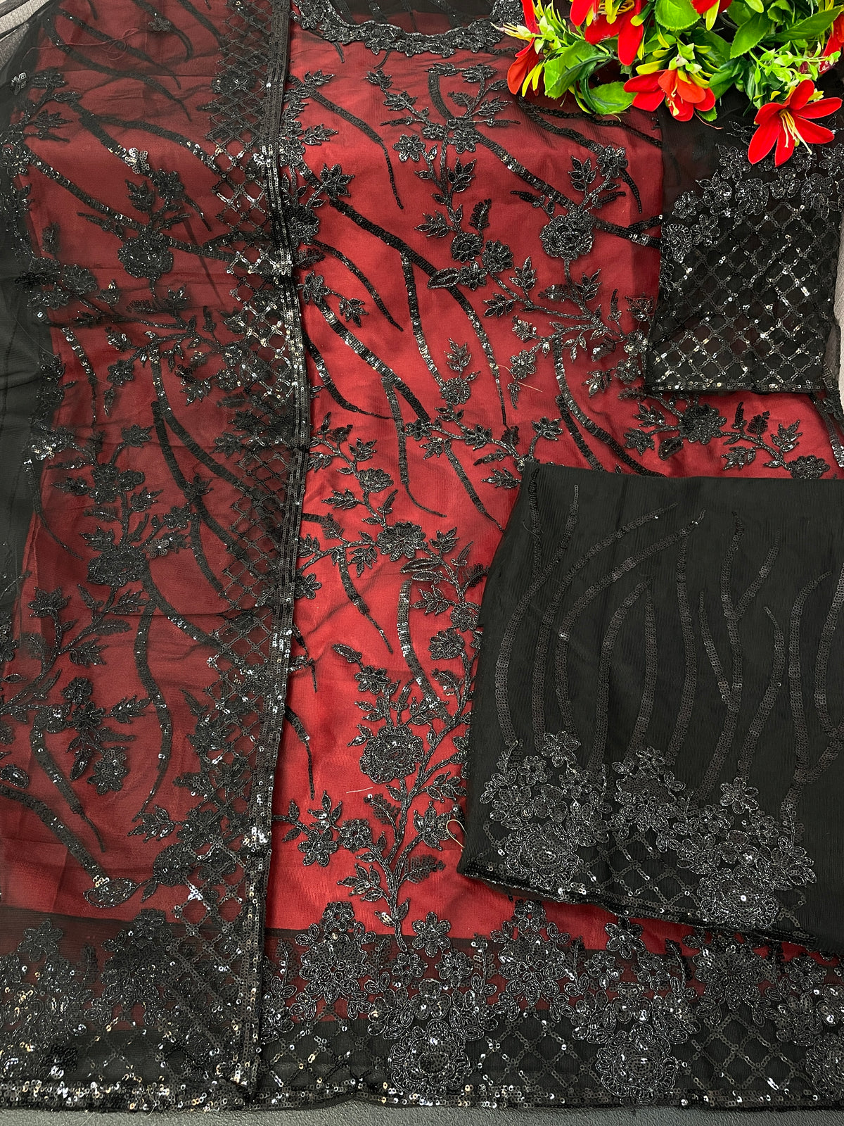 Maroon colorWomen Soft Net Embroidery Work Straight Salwar Suit - Joshindia