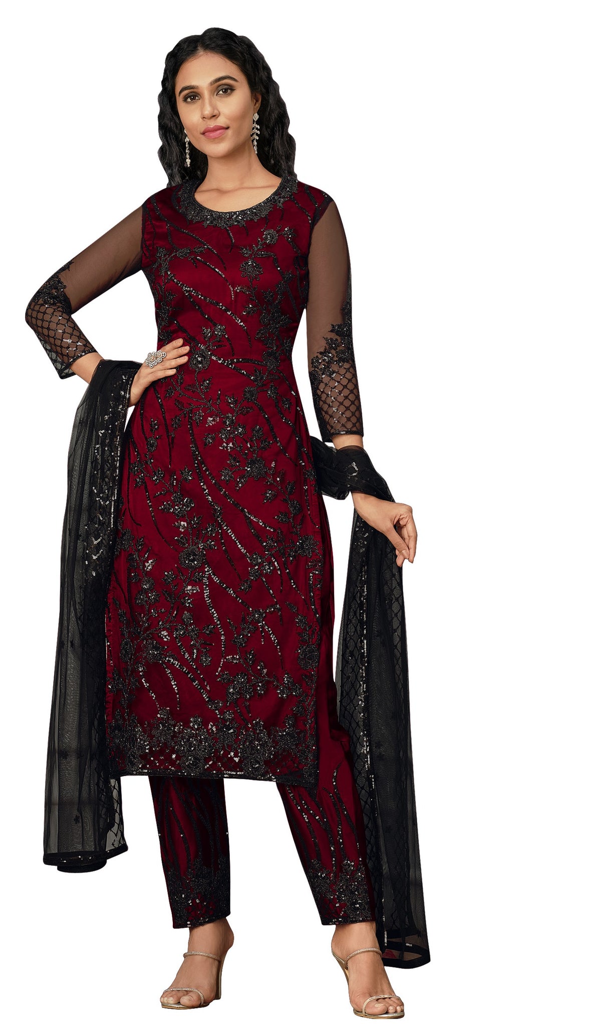 Maroon colorWomen Soft Net Embroidery Work Straight Salwar Suit - Joshindia