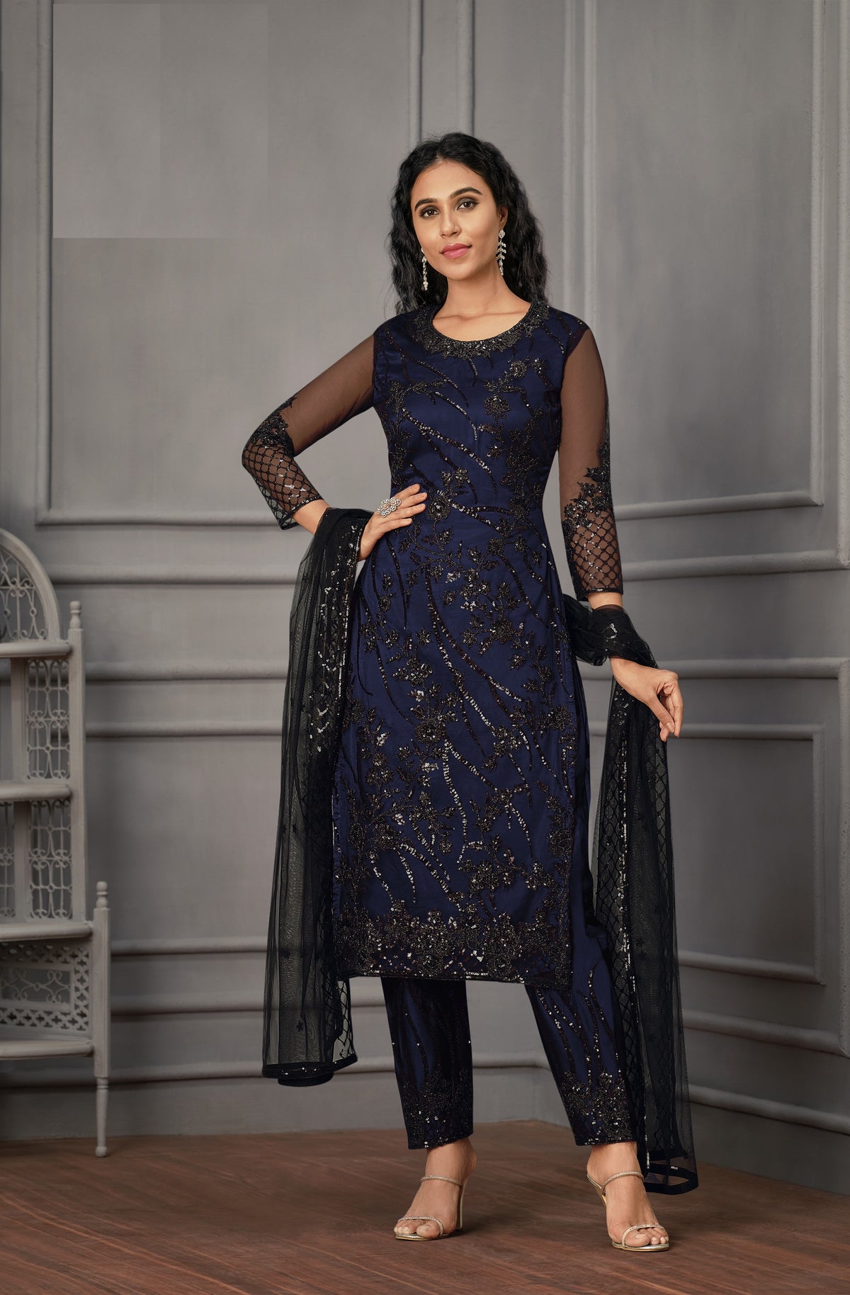 Blue colorWomen Soft Net Embroidery Work Straight Salwar Suit - Joshindia