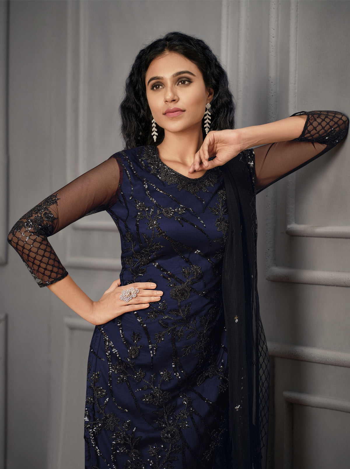 Blue colorWomen Soft Net Embroidery Work Straight Salwar Suit - Joshindia