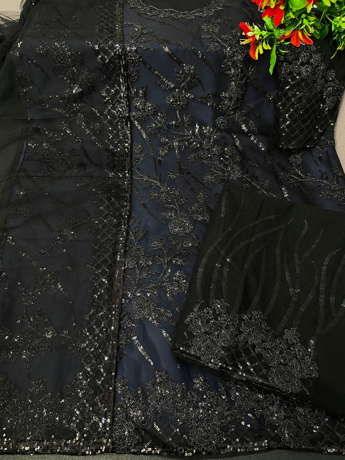 Blue colorWomen Soft Net Embroidery Work Straight Salwar Suit - Joshindia