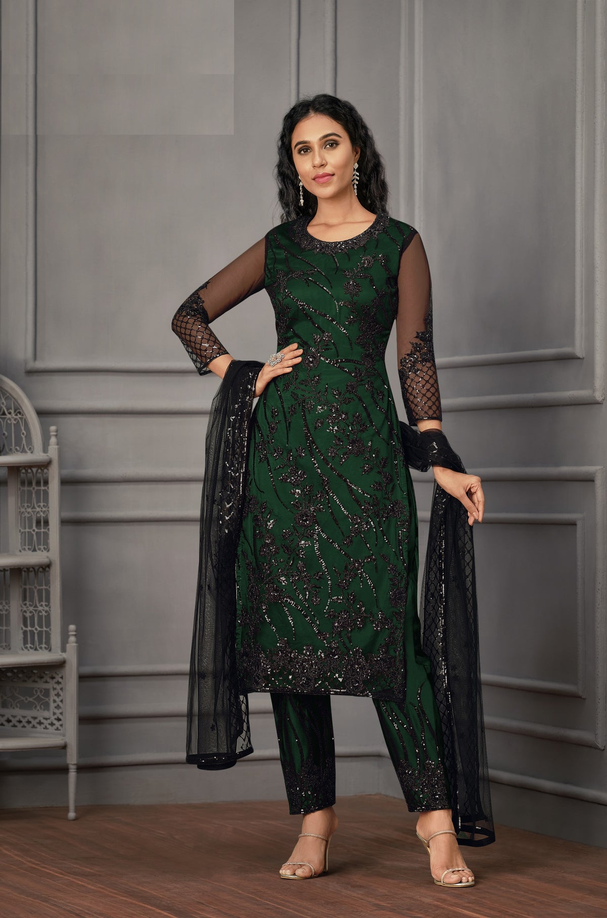 Green color Women Soft Net Embroidery Work Straight Salwar Suit - Joshindia
