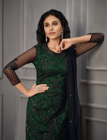 Green color Women Soft Net Embroidery Work Straight Salwar Suit