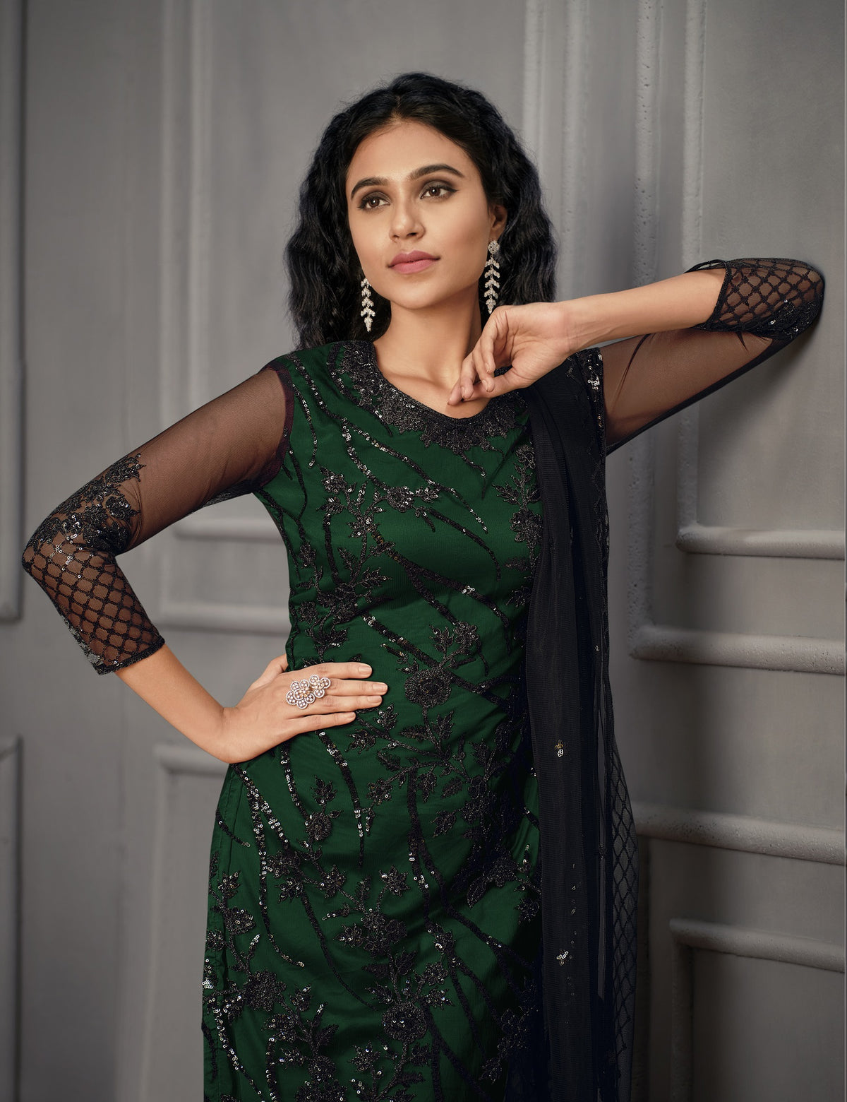 Green color Women Soft Net Embroidery Work Straight Salwar Suit - Joshindia