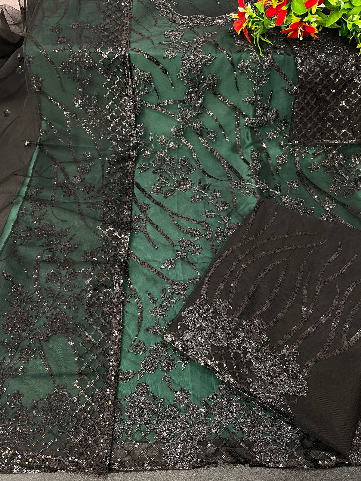 Green color Women Soft Net Embroidery Work Straight Salwar Suit - Joshindia