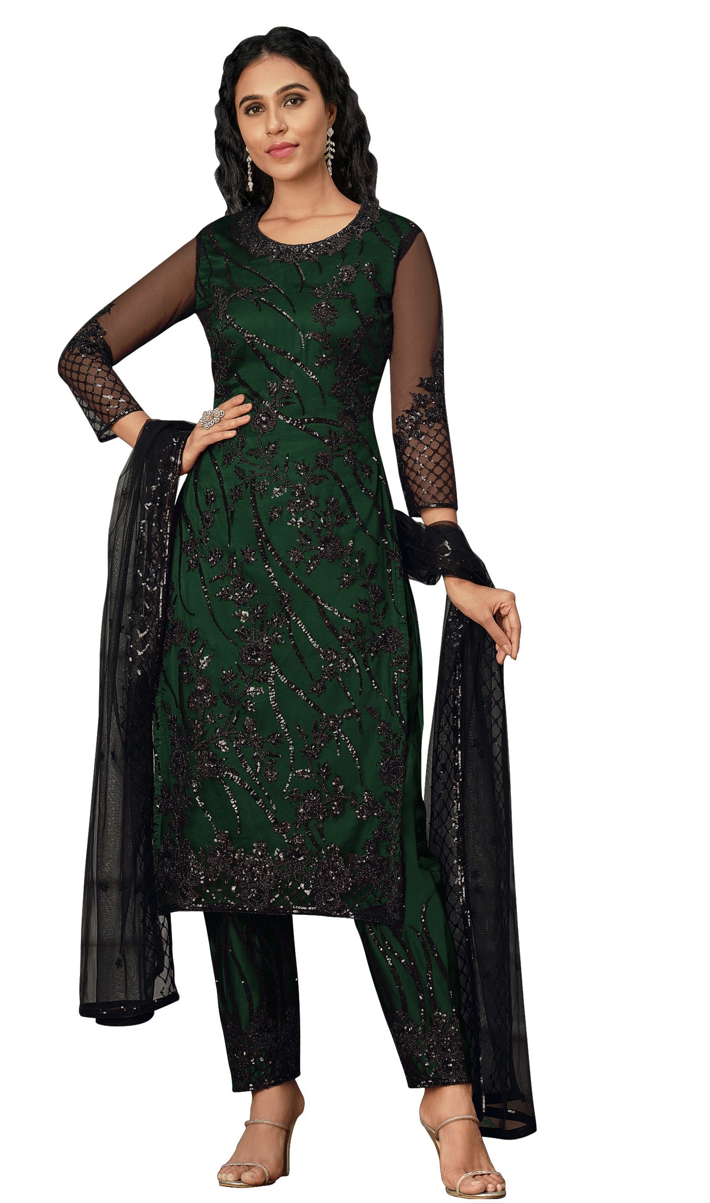 Green color Women Soft Net Embroidery Work Straight Salwar Suit