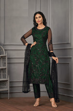 Green color Women Soft Net Embroidery Work Straight Salwar Suit - Joshindia