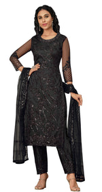 Black color Women Soft Net Embroidery Work Straight Salwar Suit - Joshindia