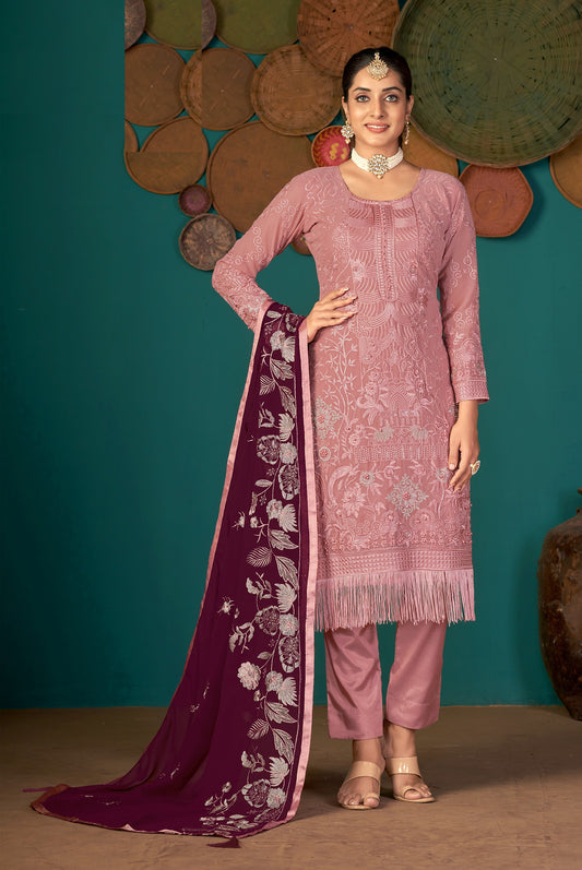 Peach Color Faux Georgette Soft Emboidery Work Straghit Suit