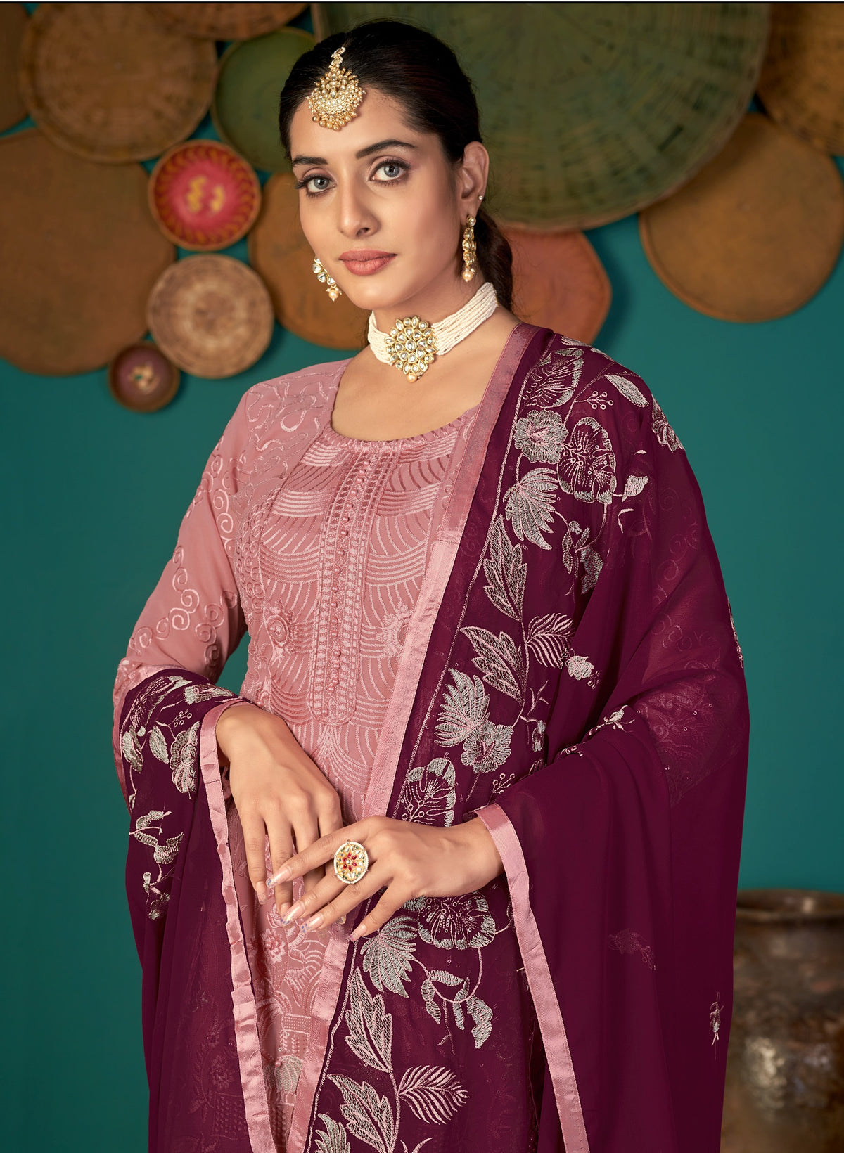 Peach Color Faux Georgette Soft Emboidery Work Straghit Suit - Joshindia
