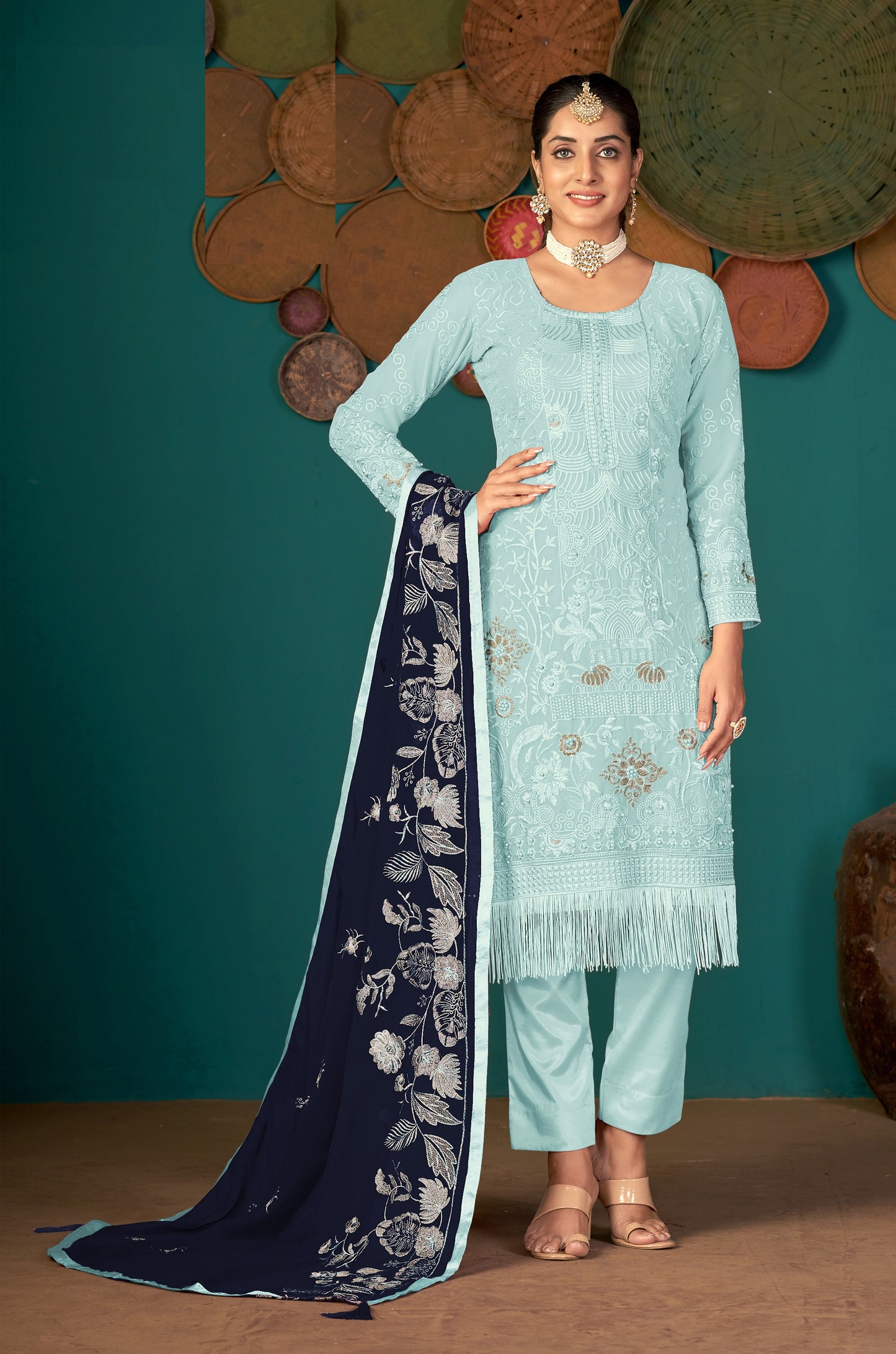 Sky Blue Color Faux Georgette Soft Emboidery Work Straghit Suit