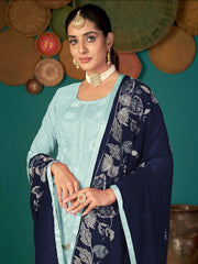 Sky Blue Color Faux Georgette Soft Emboidery Work Straghit Suit - Joshindia