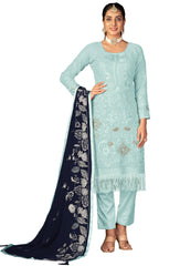 Sky Blue Color Faux Georgette Soft Emboidery Work Straghit Suit - Joshindia