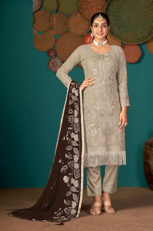 Beige Color Faux Georgette Soft Emboidery Work Straghit Suit