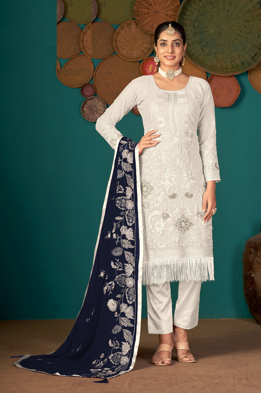 White Color Faux Georgette Soft Emboidery Work Straghit Suit
