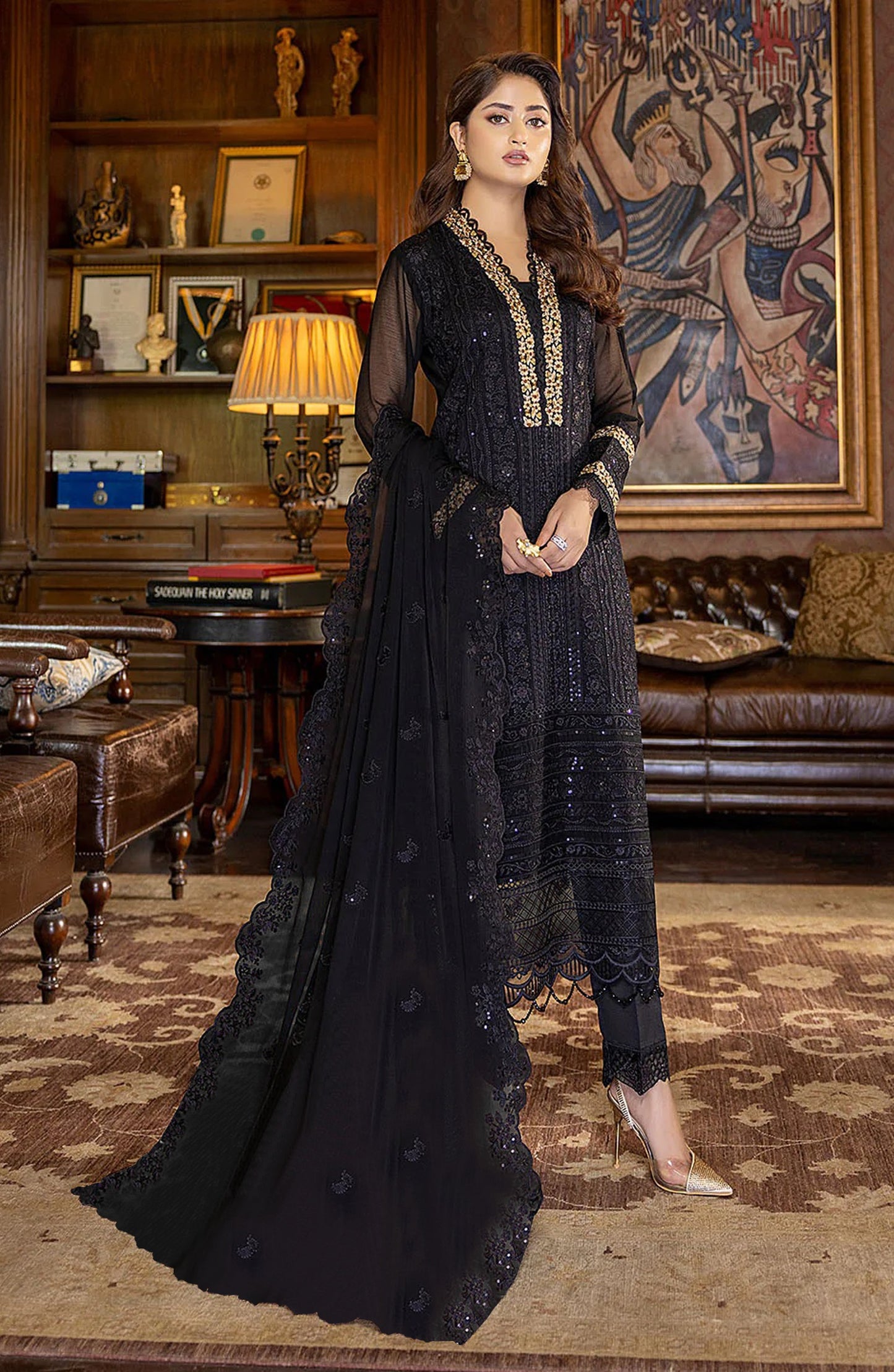 Black Color Faux Georgette With Sequence Work Straight Salwar Suit