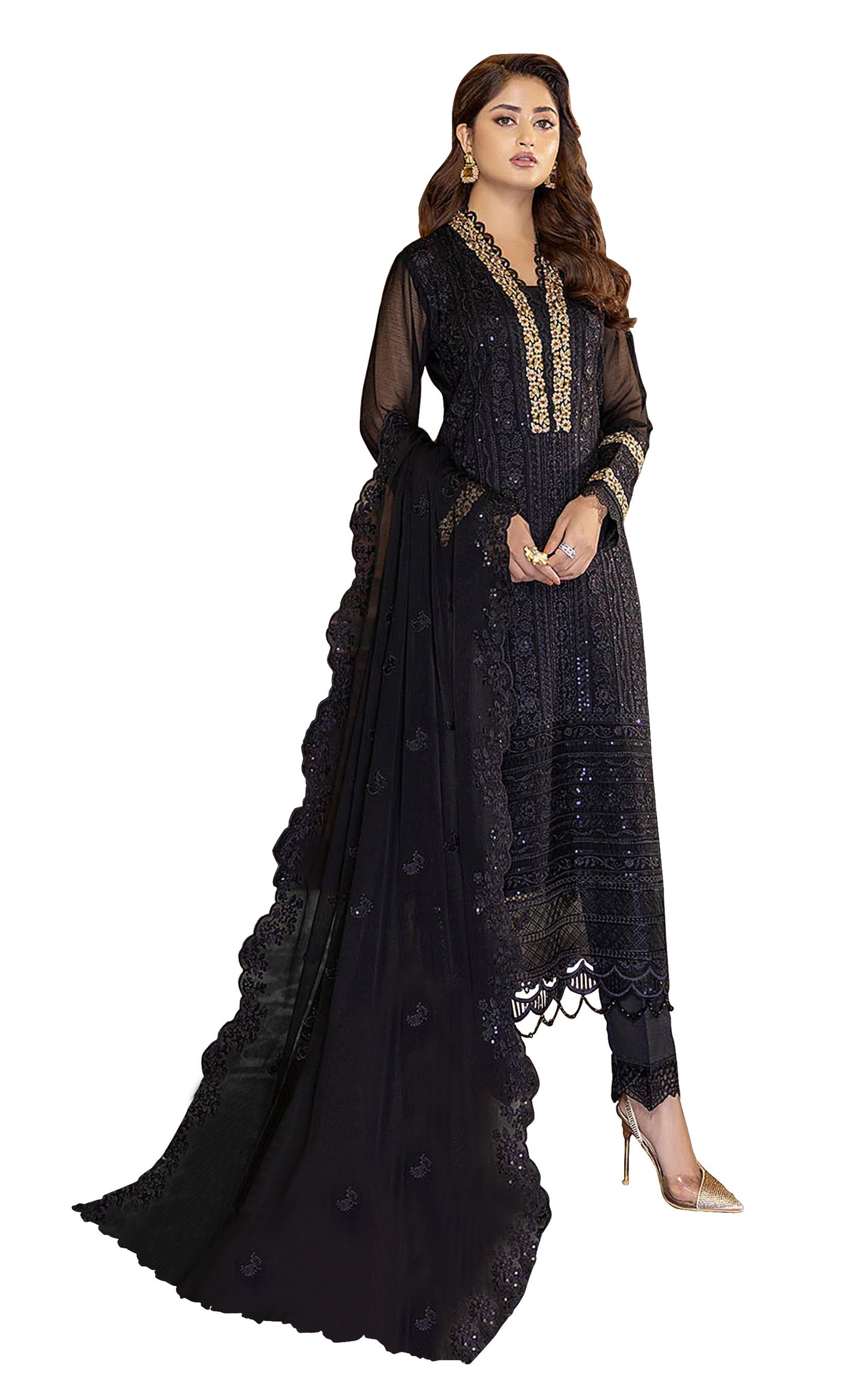 Black Color Faux Georgette With Sequence Work Straight Salwar Suit
