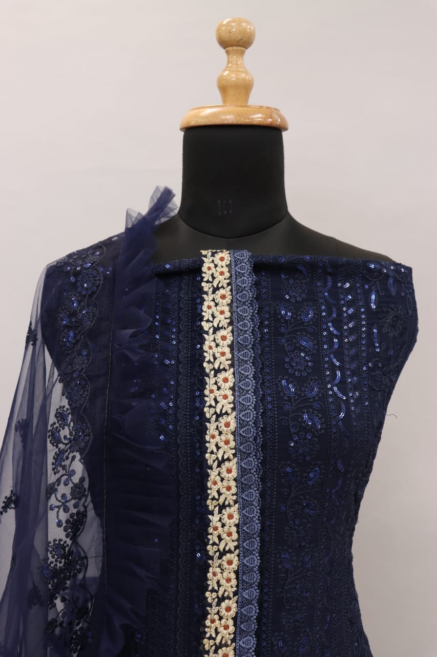 Blue Color Faux Georgette With Sequence Work Straight Salwar Suit - Joshindia