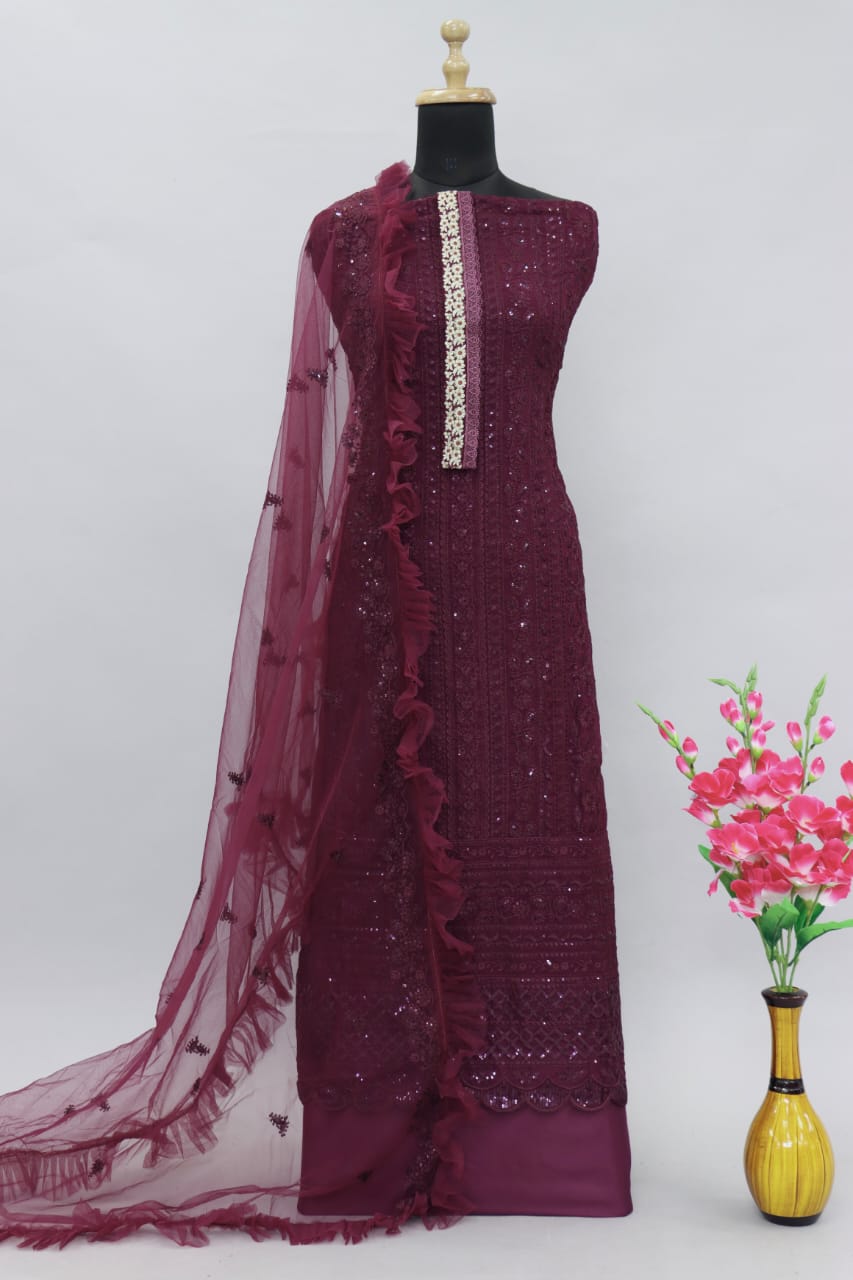 Beet Color Faux Georgette With Sequence Work Straight Salwar Suit
