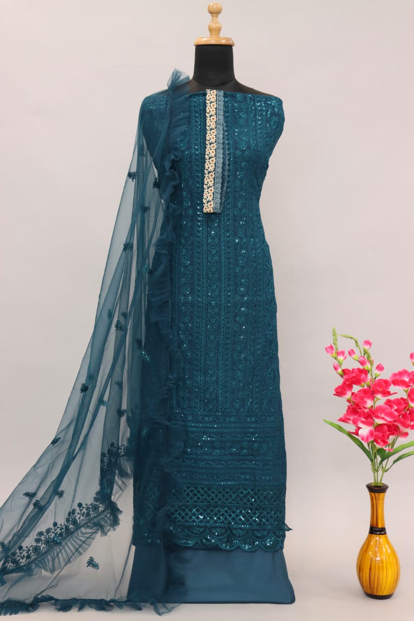 Sea Blue Color Faux Georgette With Sequence Work Straight Salwar Suit