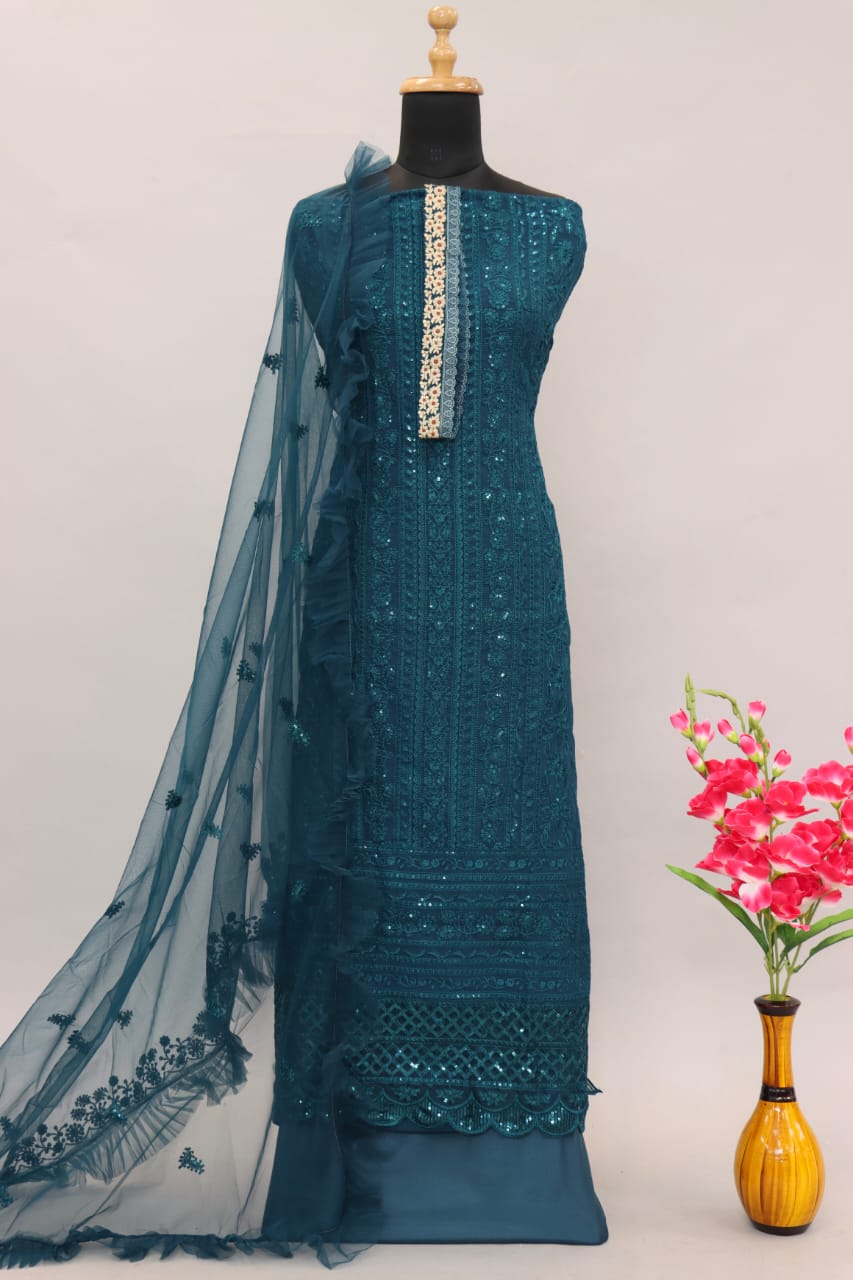 Sea Blue Color Faux Georgette With Sequence Work Straight Salwar Suit - Joshindia