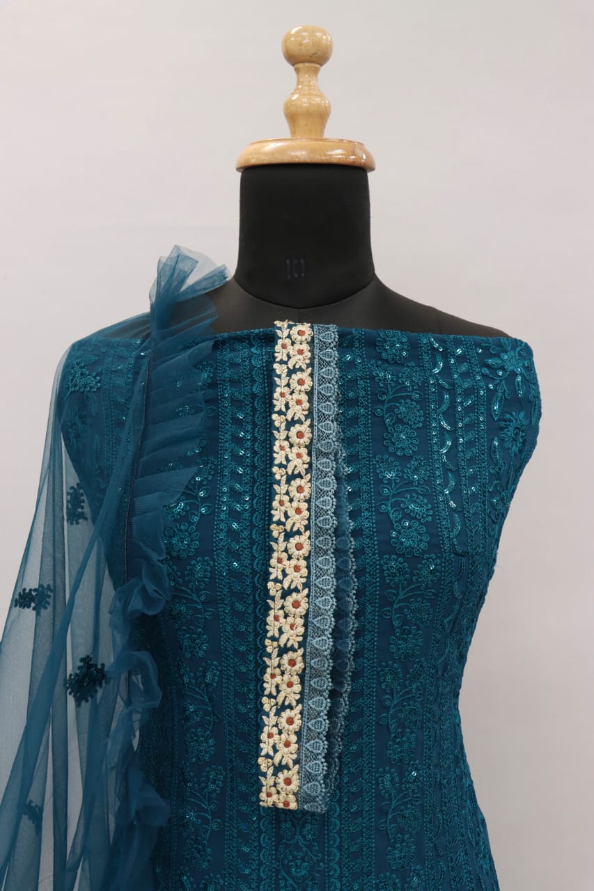 Sea Blue Color Faux Georgette With Sequence Work Straight Salwar Suit - Joshindia