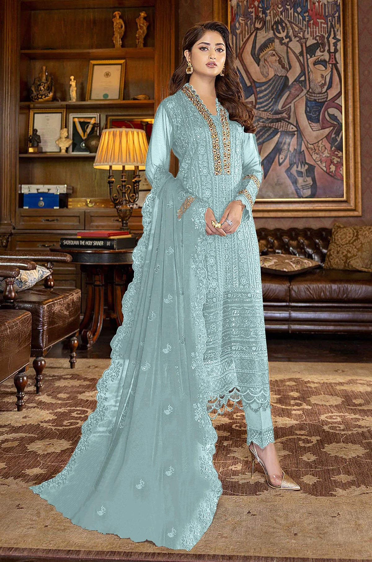 Sky Blue Color Faux Georgette With Sequence Work Straight Salwar Suit - Joshindia