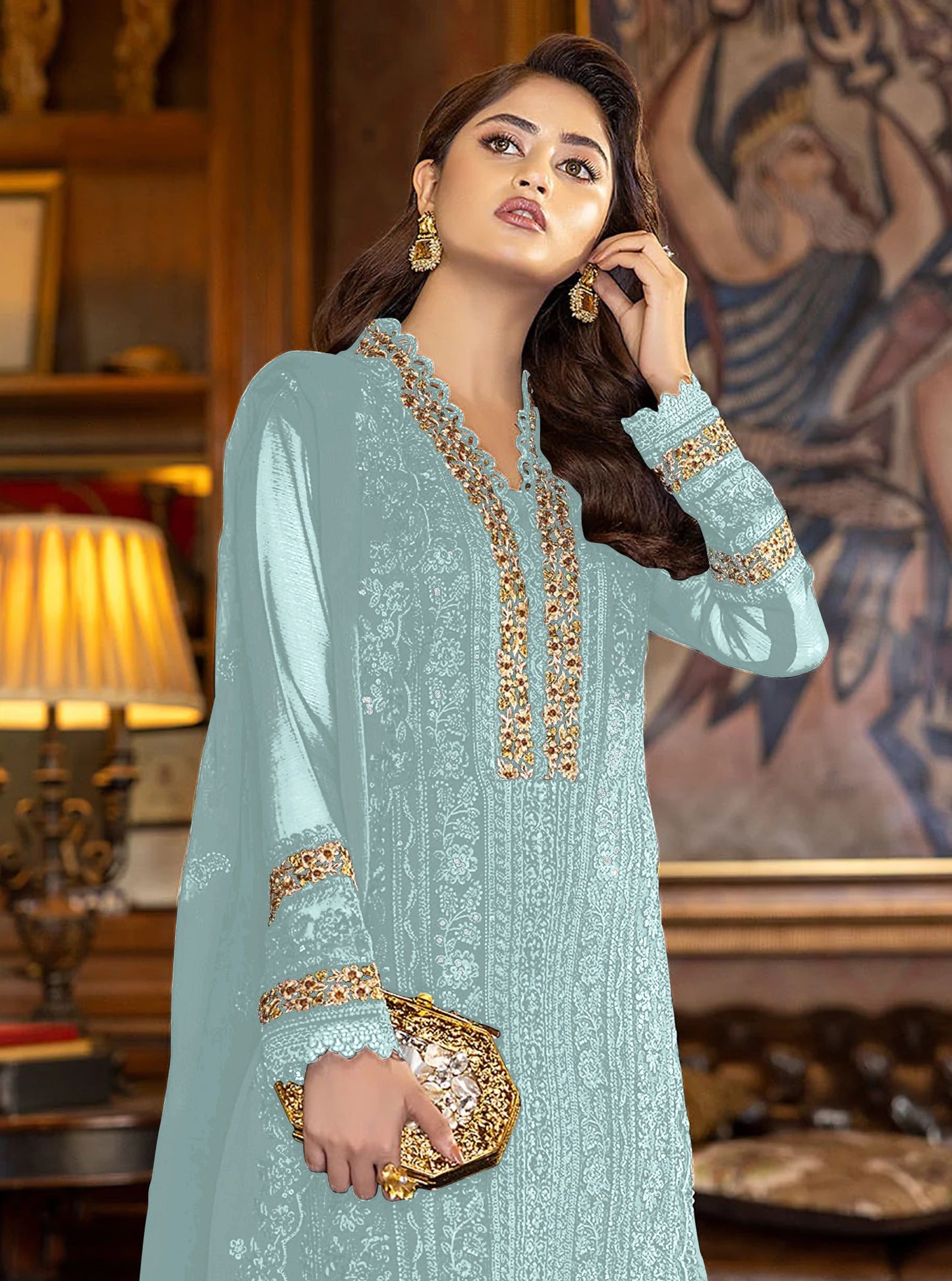 Sky Blue Color Faux Georgette With Sequence Work Straight Salwar Suit